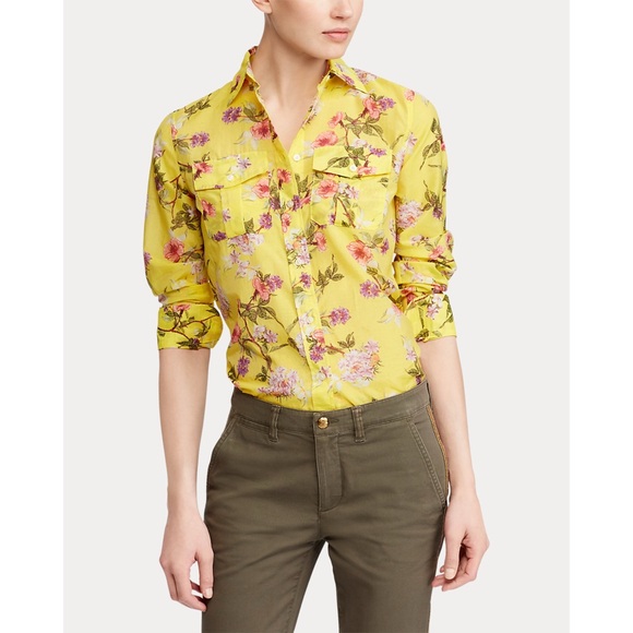 Sz Petite Large Ralph Lauren Floral Button Down Shirt In Yellow Multi EUC - Picture 6 of 7